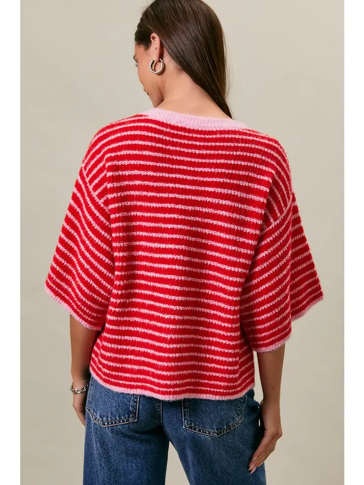 Le Lis Short Sleeve Red and Pink Stripe Crew Neck Sweater