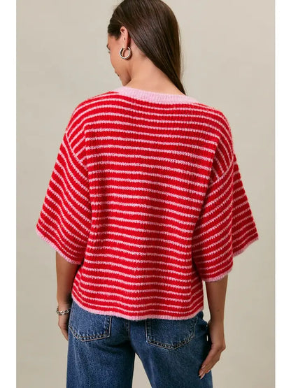 Le Lis Short Sleeve Red and Pink Stripe Crew Neck Sweater