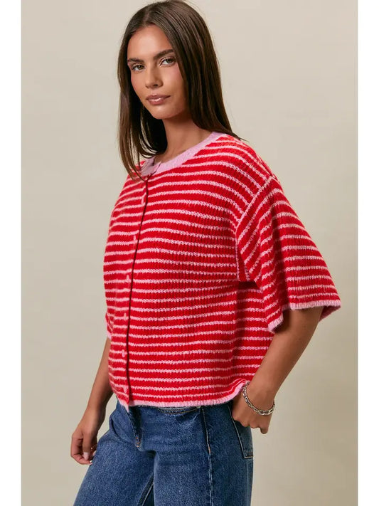 Le Lis Short Sleeve Red and Pink Stripe Crew Neck Sweater