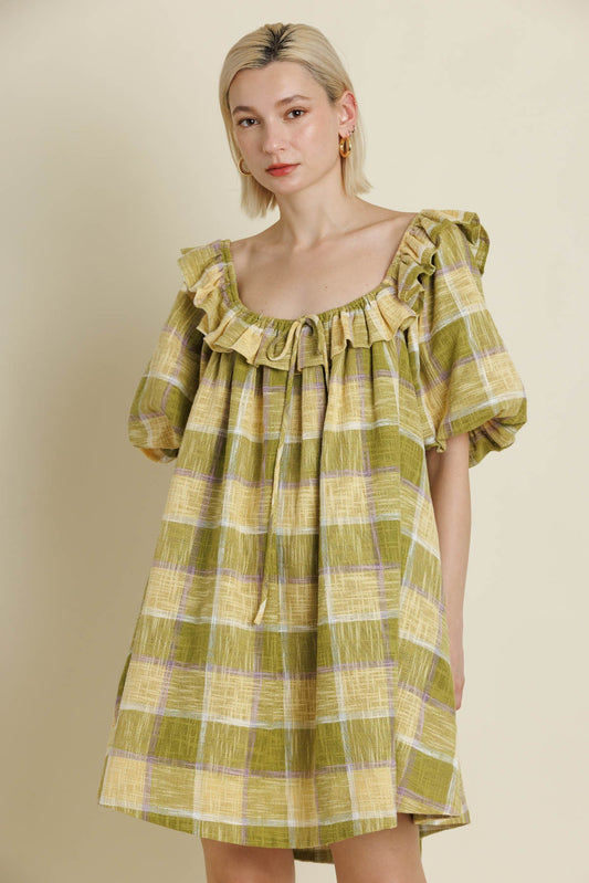 Green Plaid Weave Mini Dress