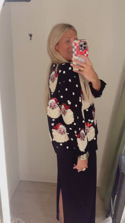 Queen of Sparkles Black and White Polka Dot Santa Head Sweater