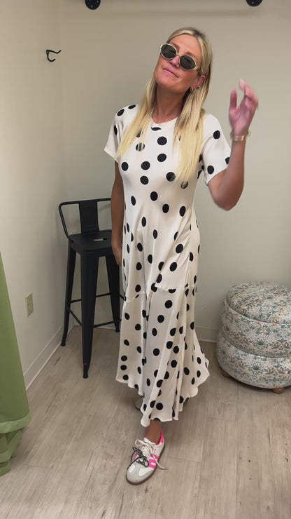 Milio Milano Cream and Black Polka Dot Cap Sleeve Midi Dress