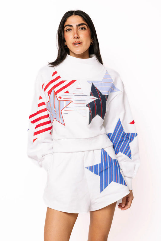 Queen of Sparkles White USA Stripe Patch Stars Mock Neck Sweatshirt