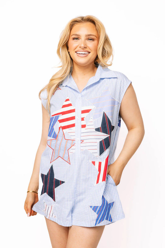 Queen of Sparkles Blue & White Gingham USA Stripe Patch Stars Romper