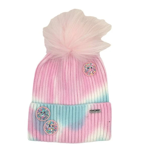 Smiley Face Tie Dye Pom Beanie